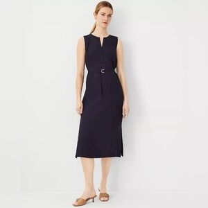 Ann Taylor Belted Midi Sleeveless Sheath Work Dress - Navy